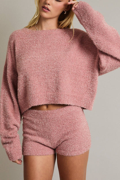 ROUND NECK LUREX KNIT SWEATER TOP & MIDRISE MICRO KNIT SHORT