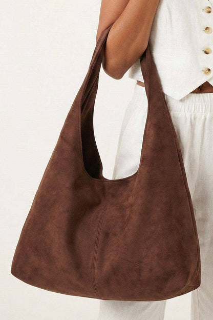 Faux Suede Hobo Tote Bag in Coffee brown