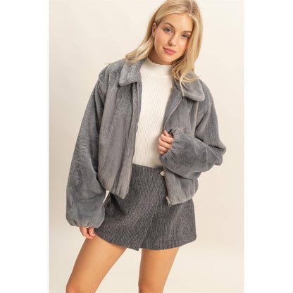 Blue Grey Faux Fur Zip Up Jacket