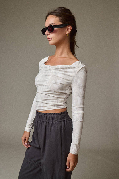 Camouflage Cowl Neck Long Sleeve Top