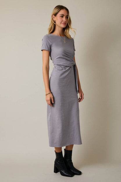 Slate Short Sleeve Waist Tie Maxi Dress