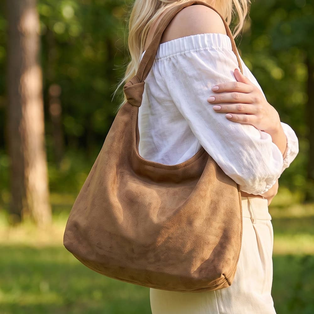 Vegan Suede Knotted Handle Hobo Shoulder Bag In Espresso