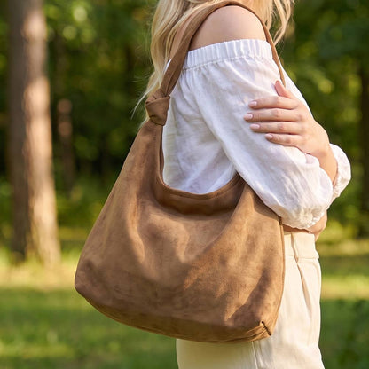Vegan Suede Knotted Handle Hobo Shoulder Bag In Espresso