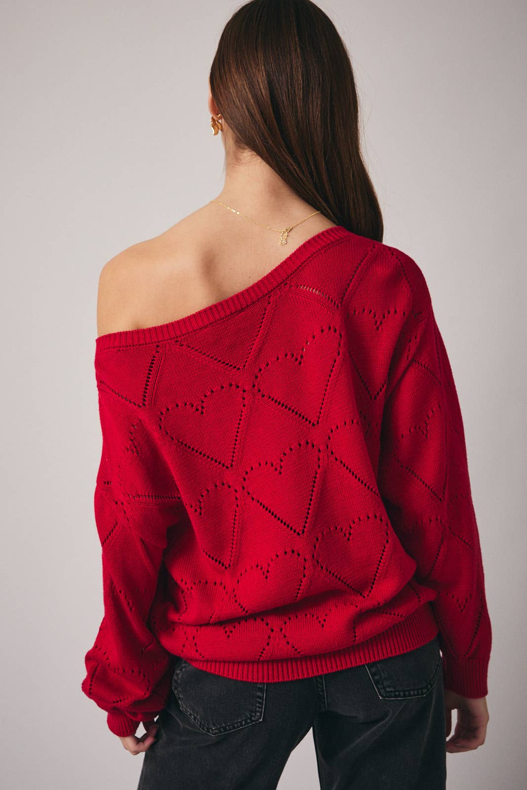 Boat Neck Long Sleeve Red Sweater