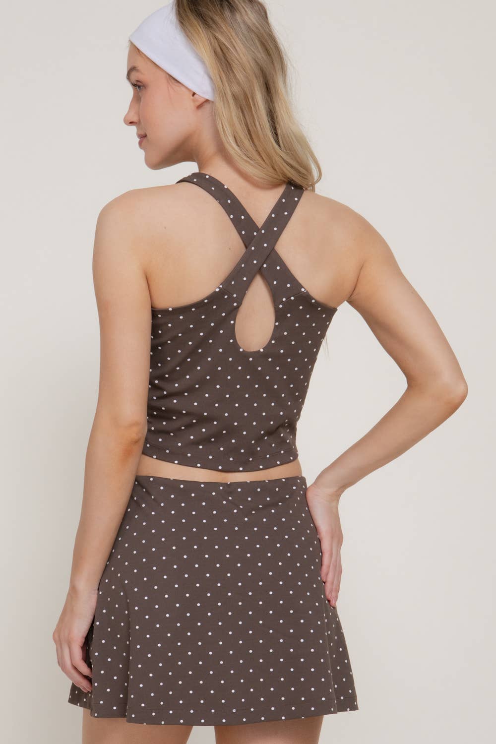 Polka Dot Wrap Activewear Skort in Brown