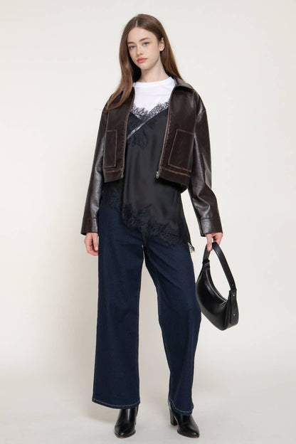Lapel Collar Washed Effect Faux Leather Jacket