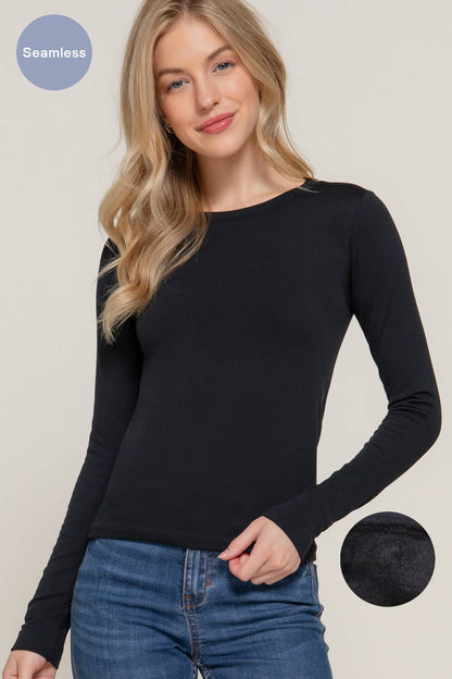Black Long Sleeve Crew Neck Fleece Top
