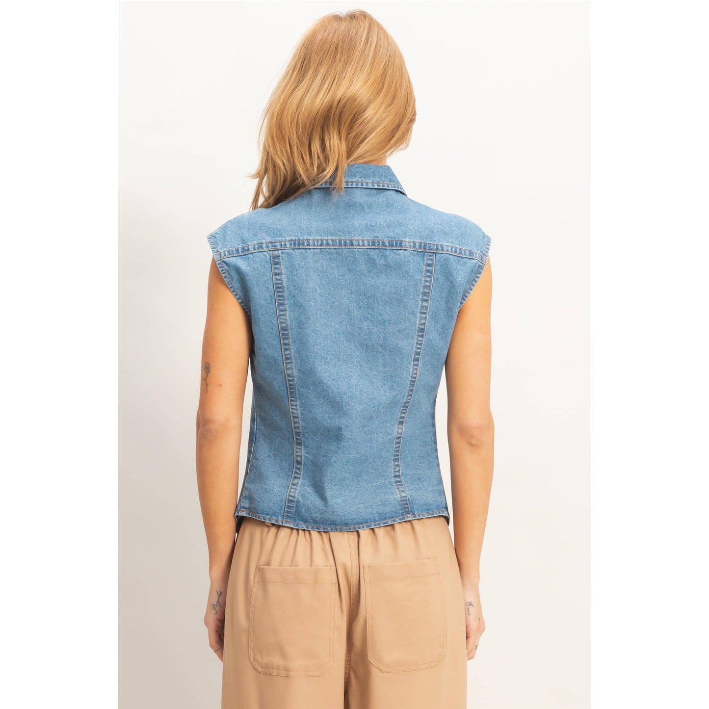 Sleeveless Blue Denim Button-Up Top