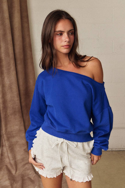 Alina Off Shoulder Cropped Cobalt Blue Sweatshirt