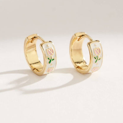 Vintage Floral Huggie Hoop Earrings Gold