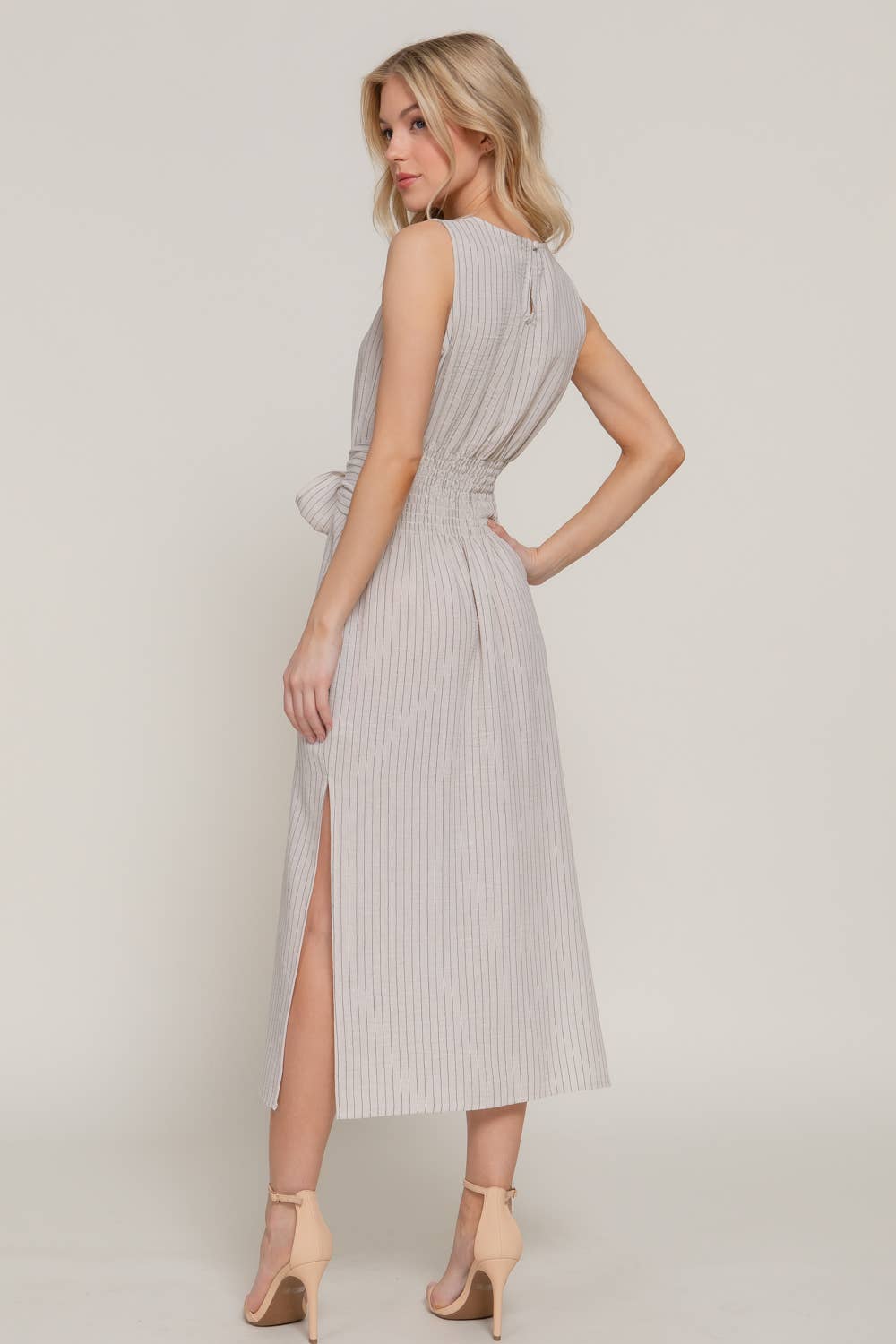 Beige Round Neck Waist Tie Stripe Linen Midi Dress