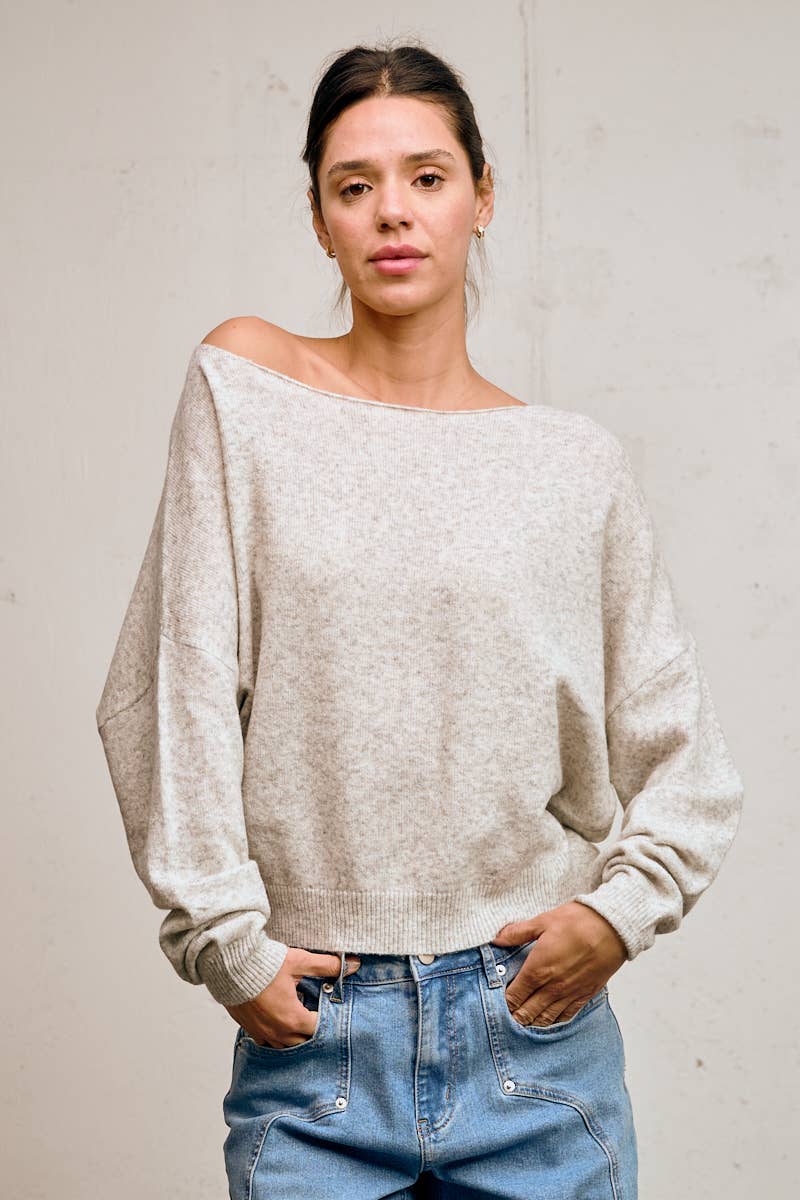 Heather Grey Off-Shoulder Lightweight Knit Sweater
