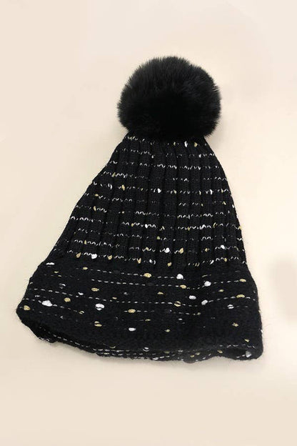 Sequin Faux Fur Pom Pom Beanie