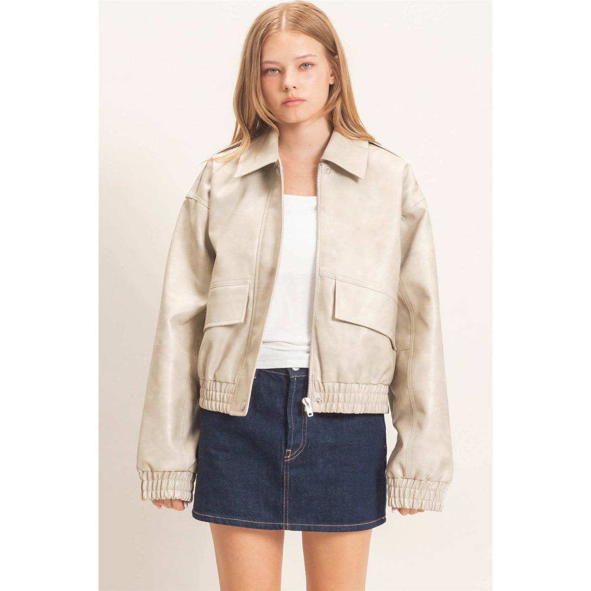 Faux Leather Collared Bomber Jacket