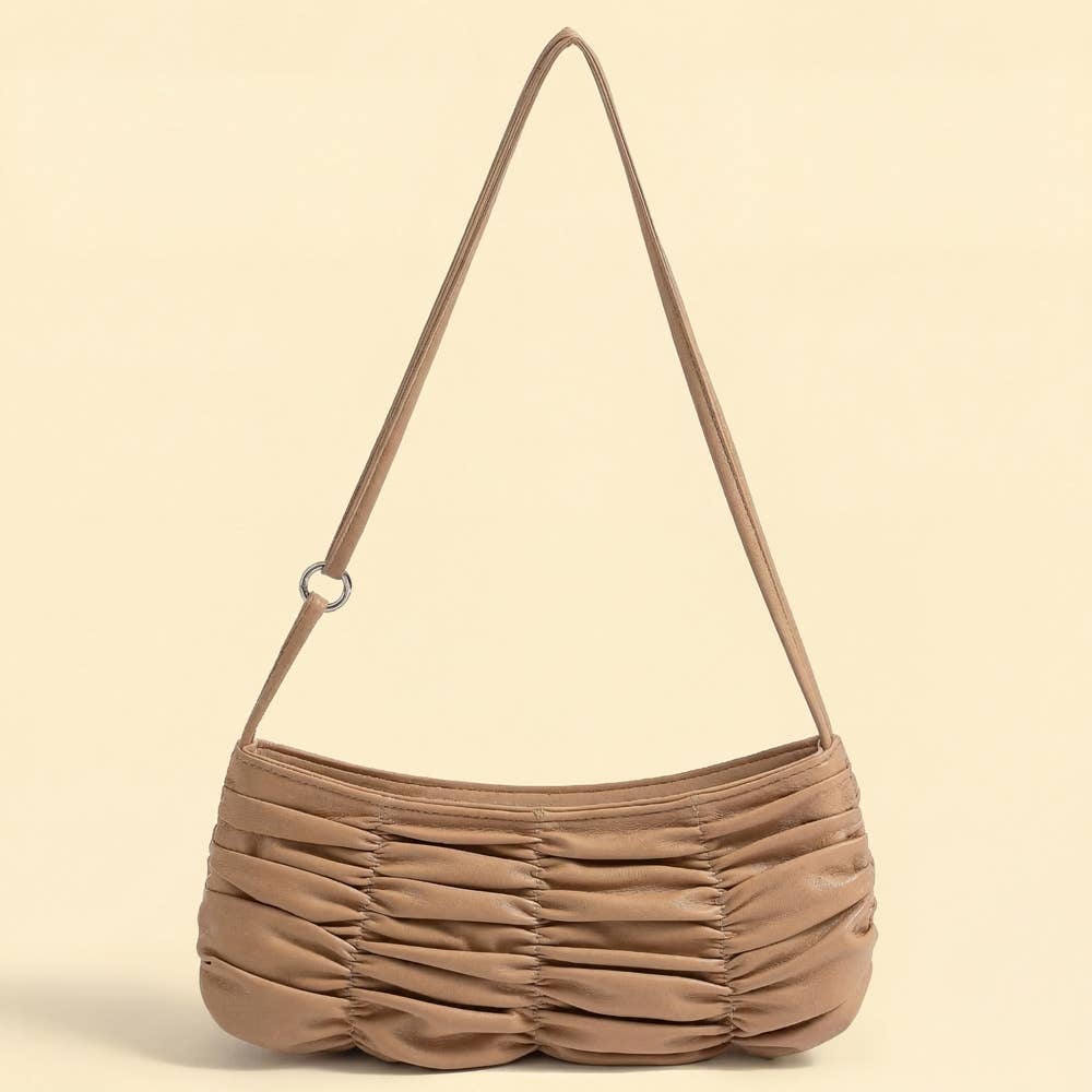 Ruched Faux Leather Baguette Shoulder Bag