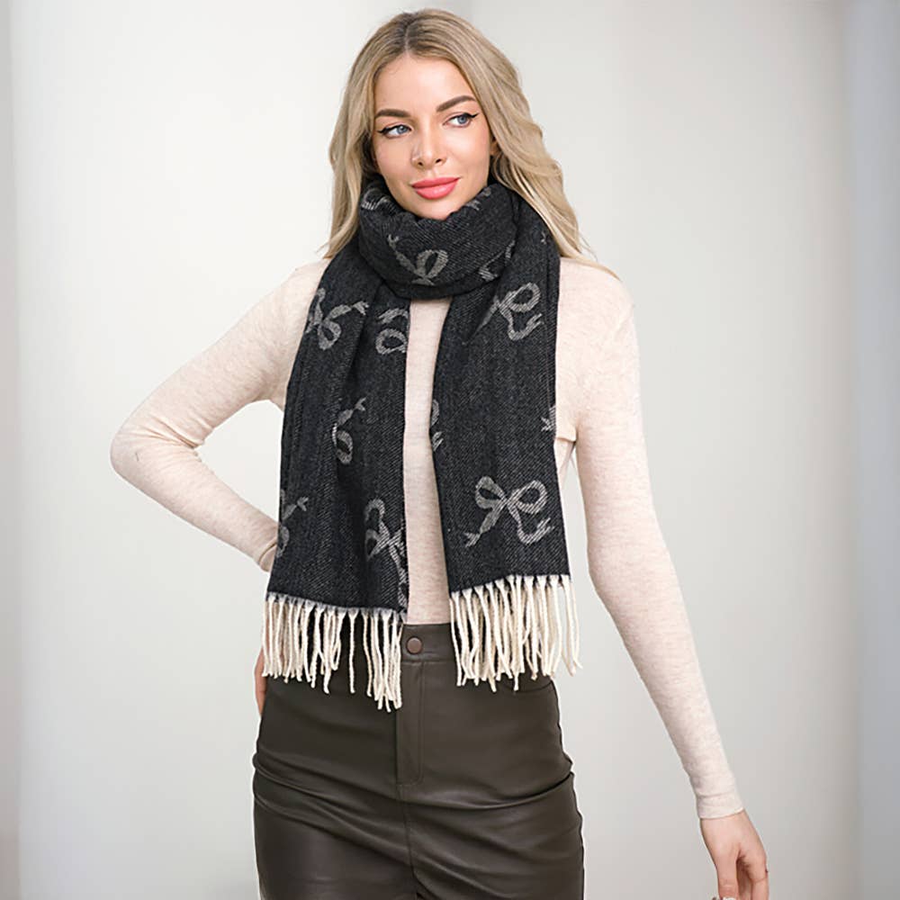 Black Bow Pattern Fringe Scarf