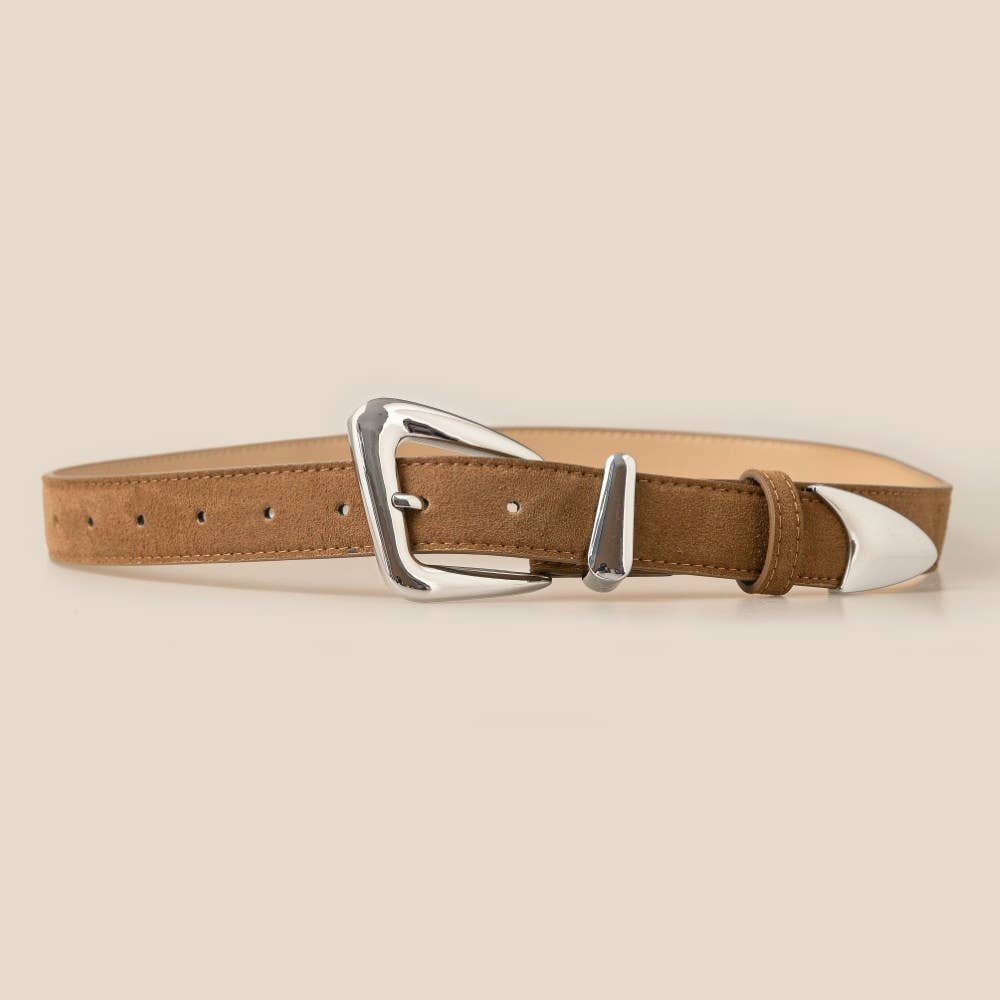 Warped Buckle Suede Leather Belt