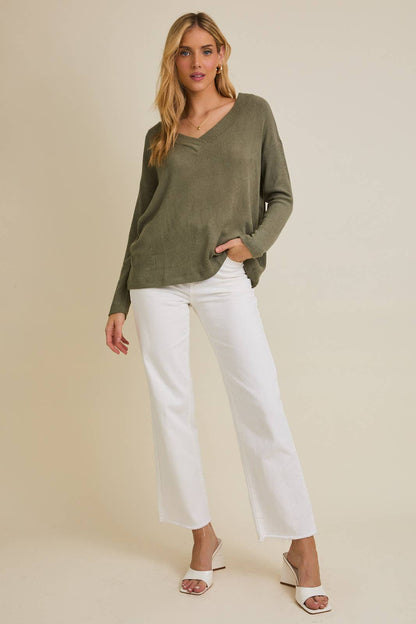 Olive V-Neck Sweater Top