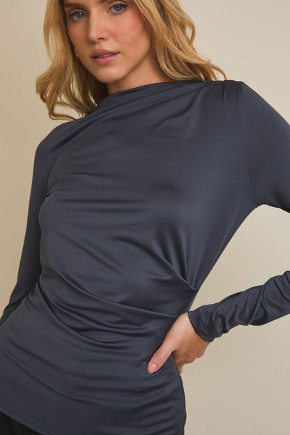 Mock Neck Indigo Long Sleeve Shirring Detail Top