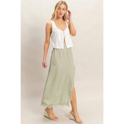 Sage Skirt With Front Slit And Lace Hem