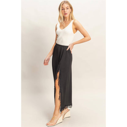 Black Skirt With Front Slit And Lace Hem
