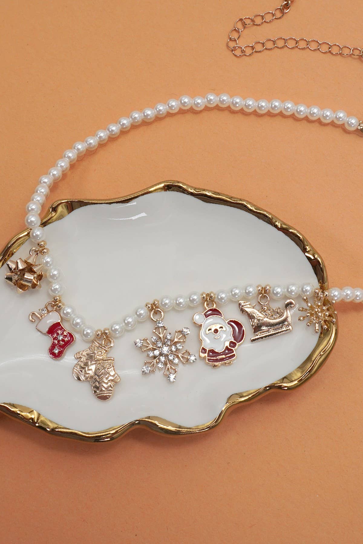 Pearl Christmas Theme Charm Necklace Gold