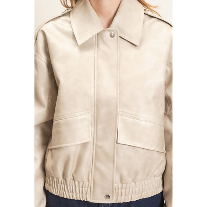 Faux Leather Collared Bomber Jacket
