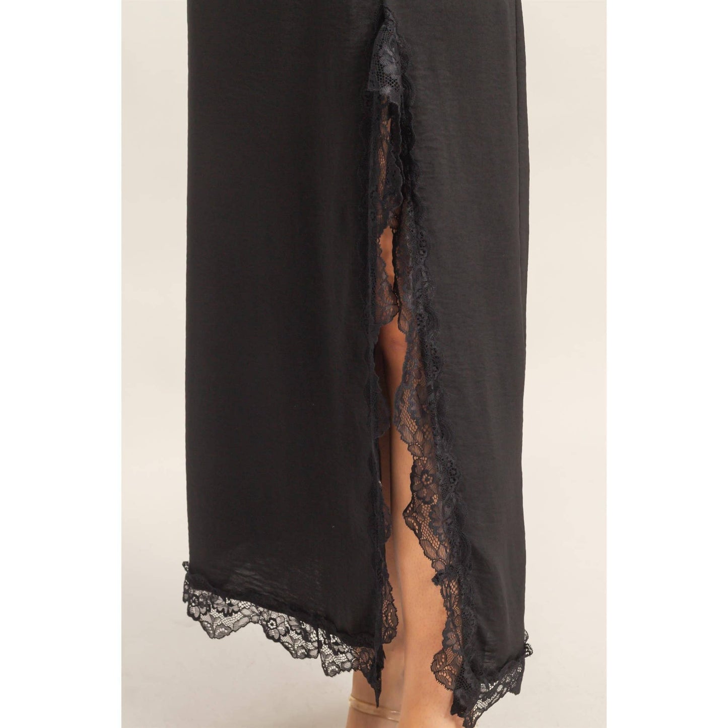 Black Skirt With Front Slit And Lace Hem
