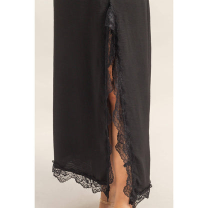 Black Skirt With Front Slit And Lace Hem