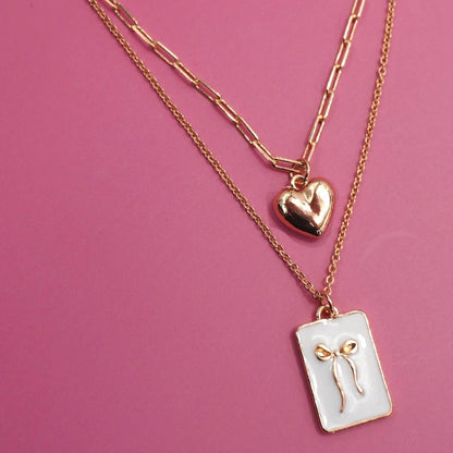 Square Bow Epoxy Charm Layered Necklace | Gold