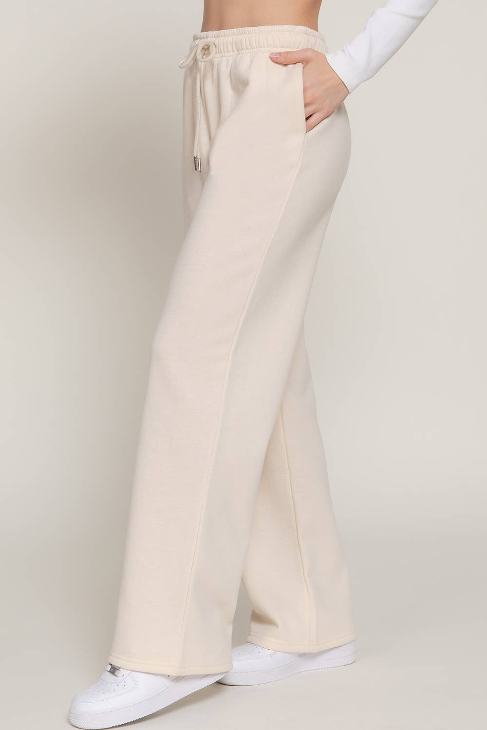 Beige Straight Leg Fleece Jogger Pants
