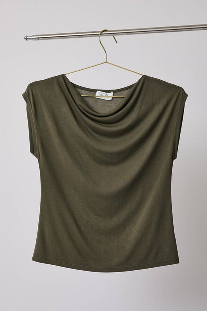 Olive Cowl Neck Cap Sleeve Top