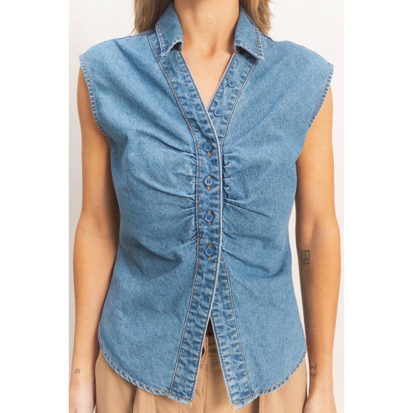 Sleeveless Blue Denim Button-Up Top