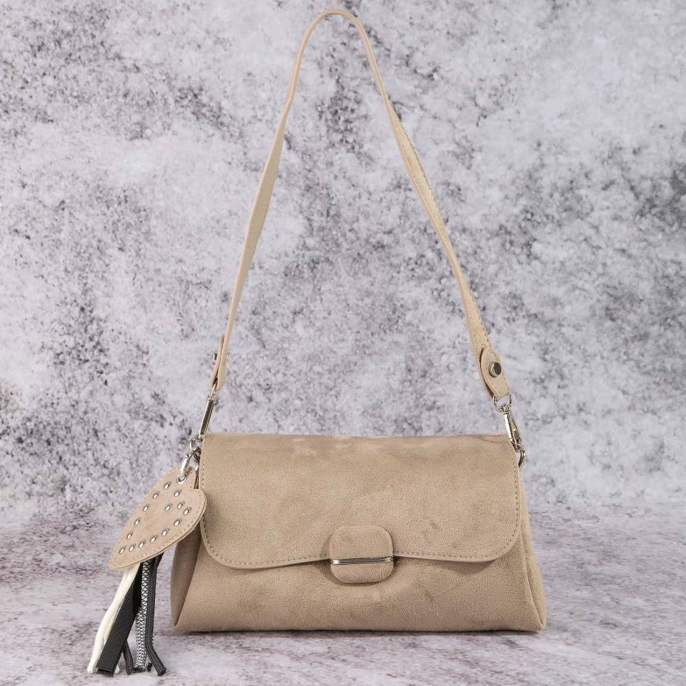 Suede Shoulder Bag Heart And Tassel Accent | Black or Taupe