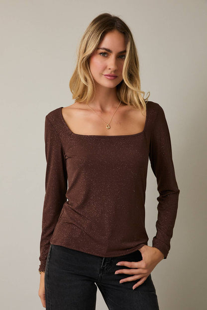 Brown Shimmer Square Neck Top