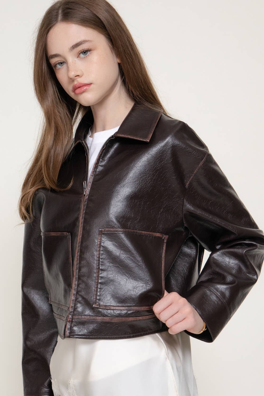 Lapel Collar Washed Effect Faux Leather Jacket