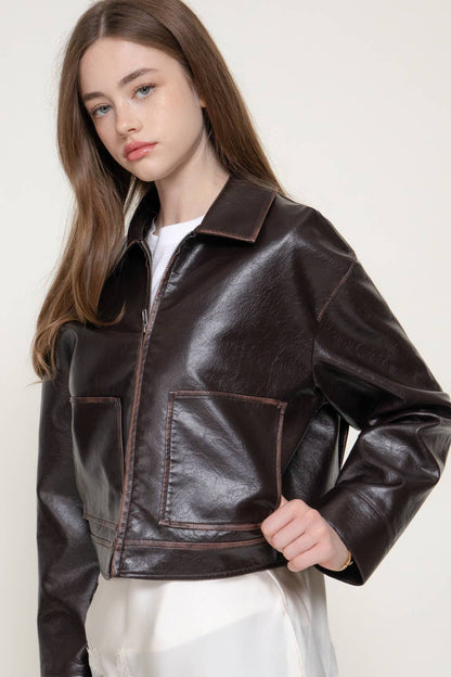 Lapel Collar Washed Effect Faux Leather Jacket