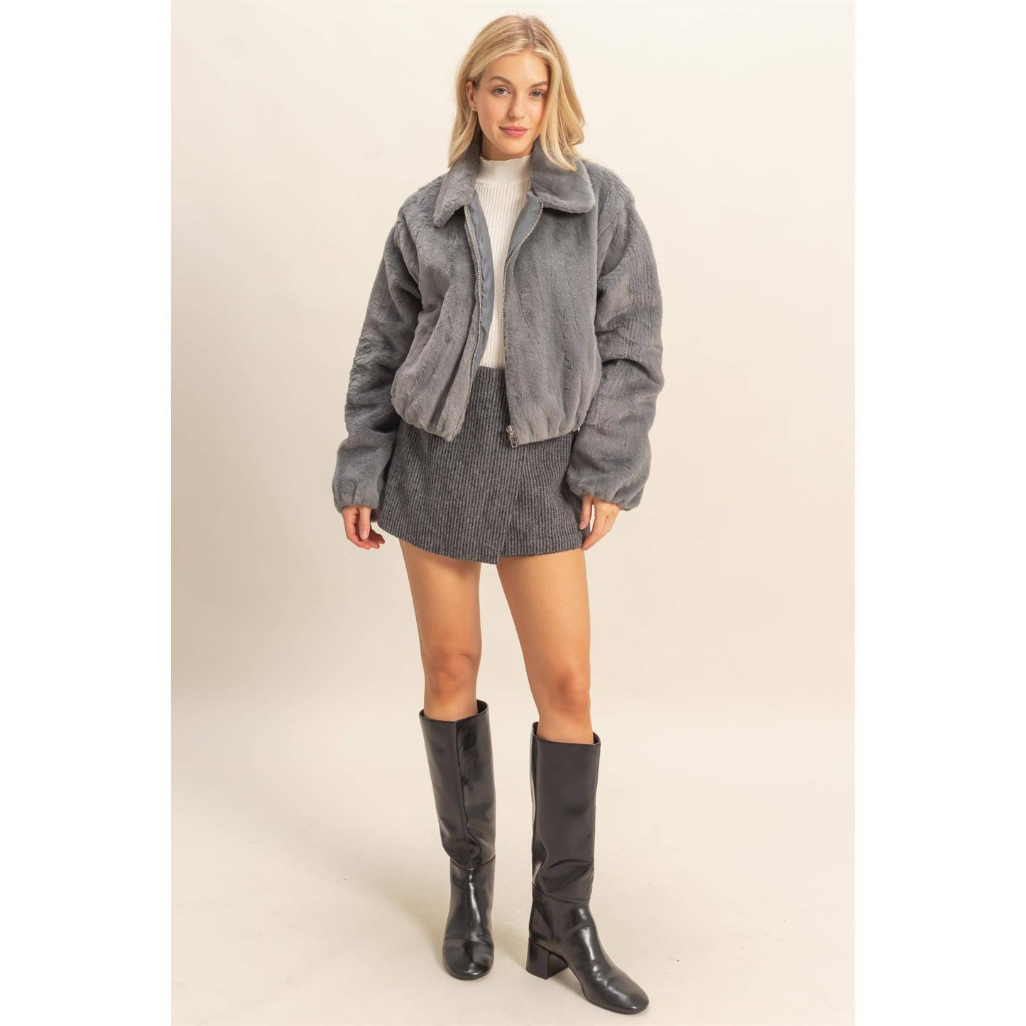 Blue Grey Faux Fur Zip Up Jacket