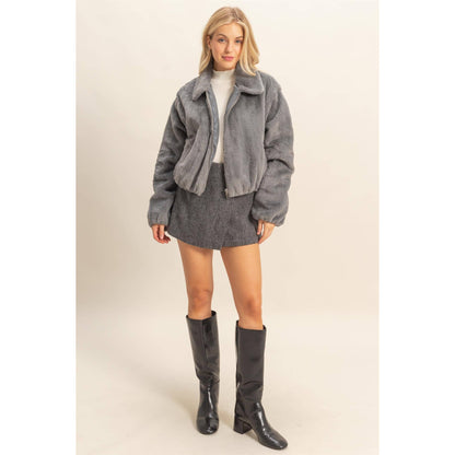 Blue Grey Faux Fur Zip Up Jacket