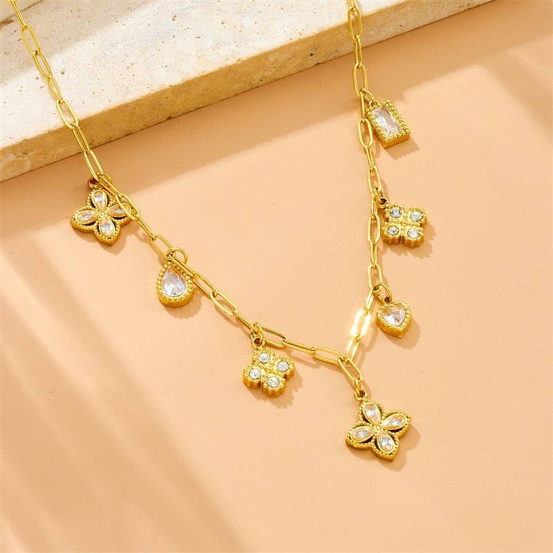 Gold Stainless Steel Rhinestone Charm Necklace