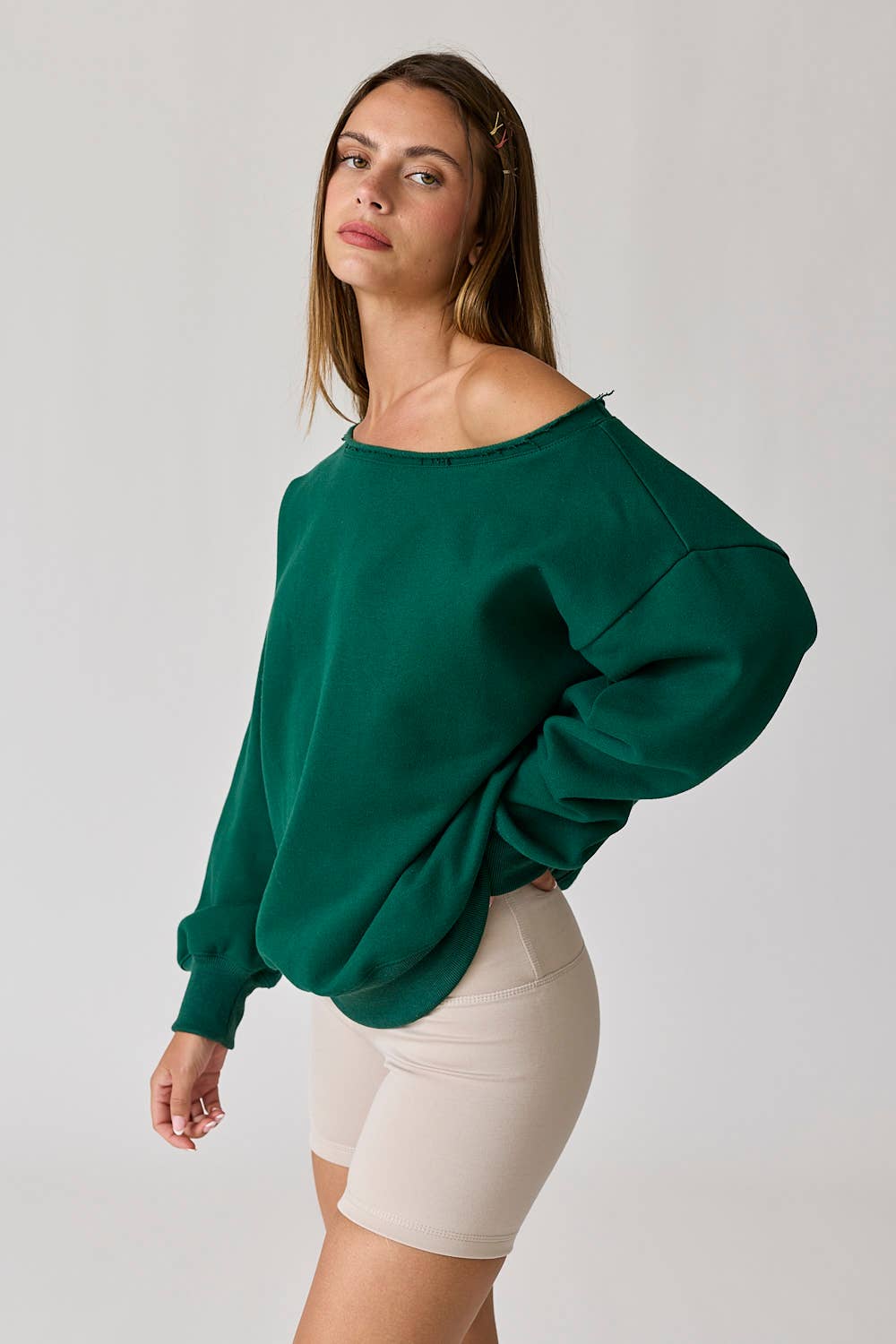 Evelyn Loose Fit Hunter Green One Shoulder Sweatshirt
