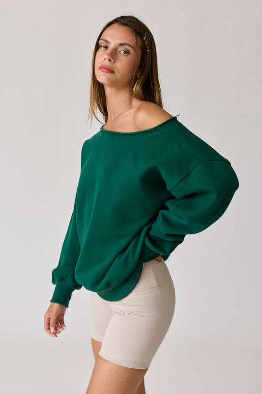 Evelyn Loose Fit Hunter Green One Shoulder Sweatshirt