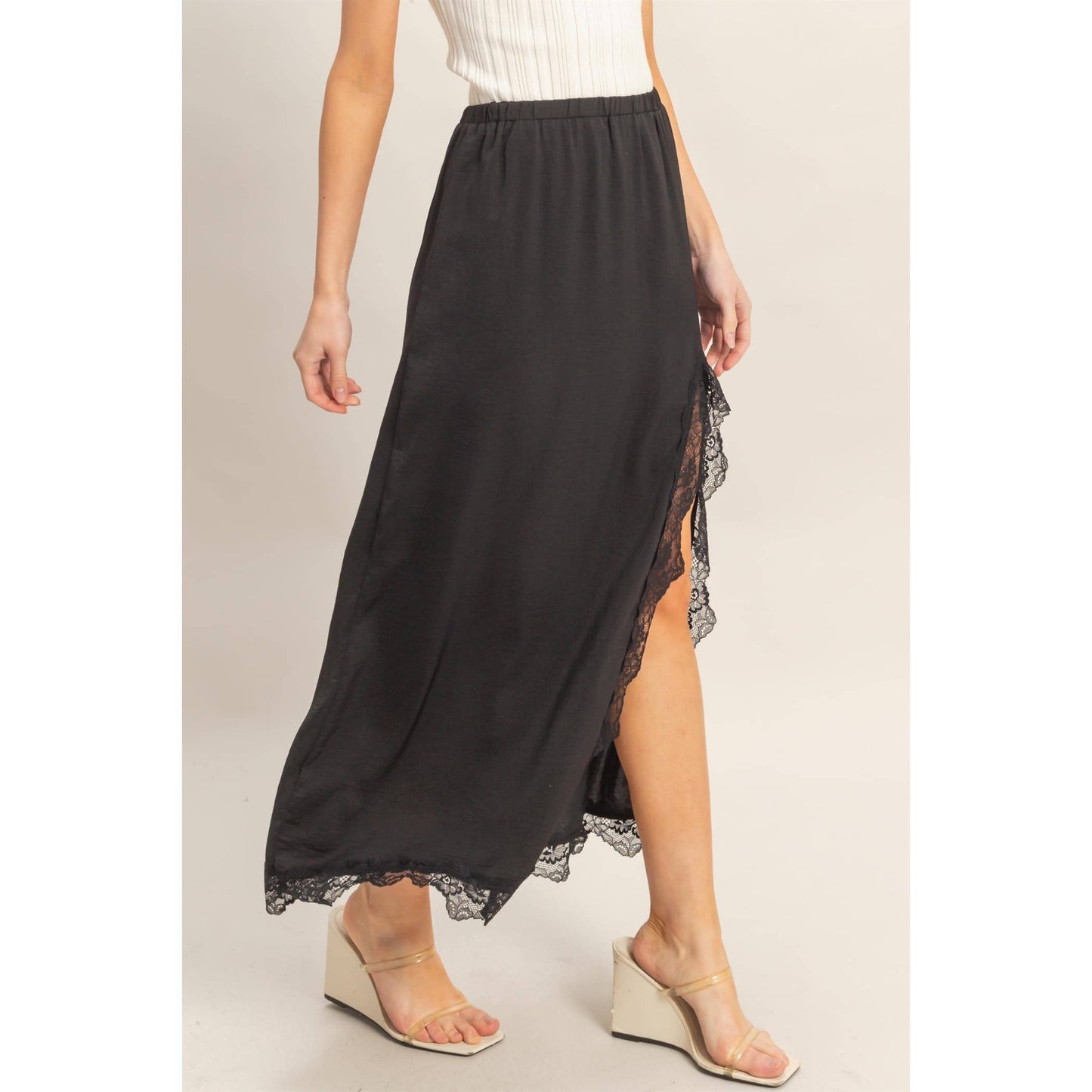Black Skirt With Front Slit And Lace Hem