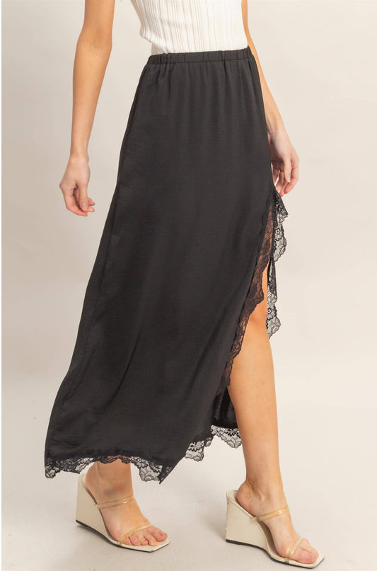 Black Skirt With Front Slit And Lace Hem