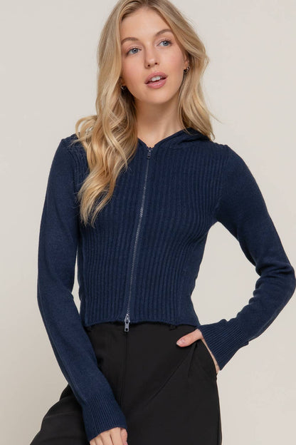 Navy Long Sleeve Two-Way Zip Closure Sweater Hoodie