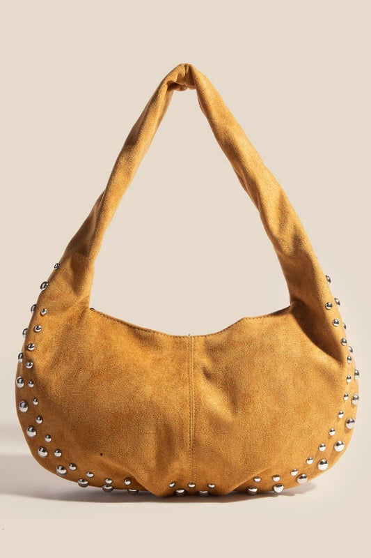 Metallic Studded Khaki Faux Suede Hand Bag