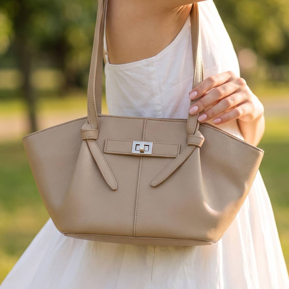 Twist Lock Winged Shoulder Tote Bag (Blue or Taupe)