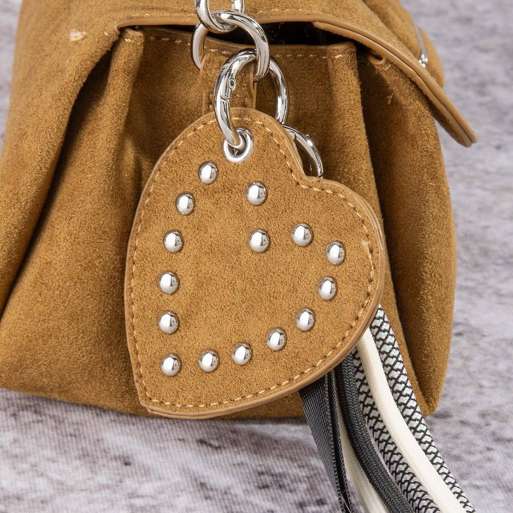Suede Shoulder Bag Heart And Tassel Accent | Black or Taupe