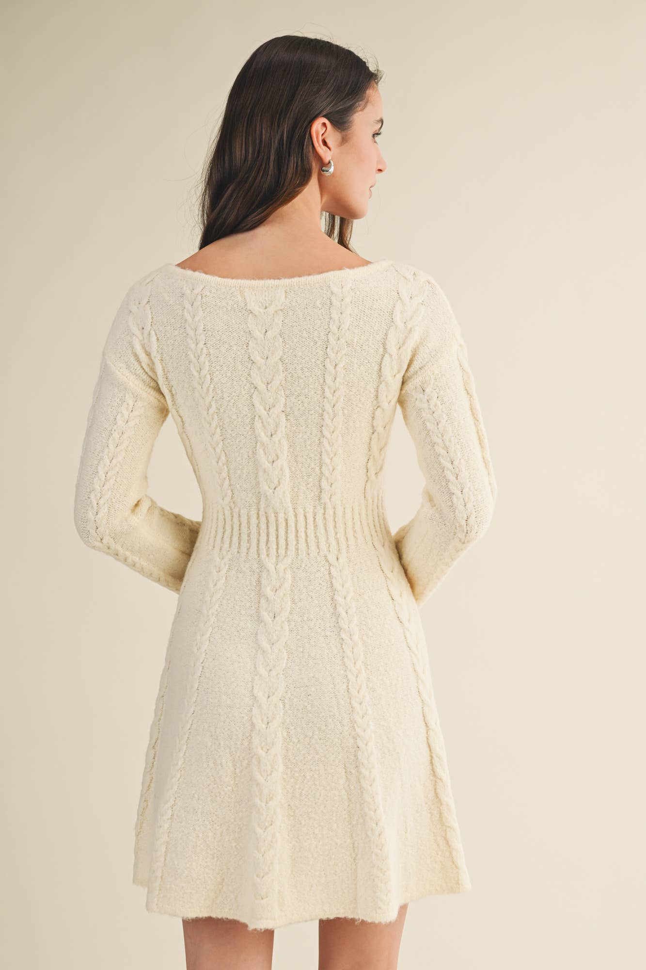 Cable Knit Ivory Flared Sweater Dress