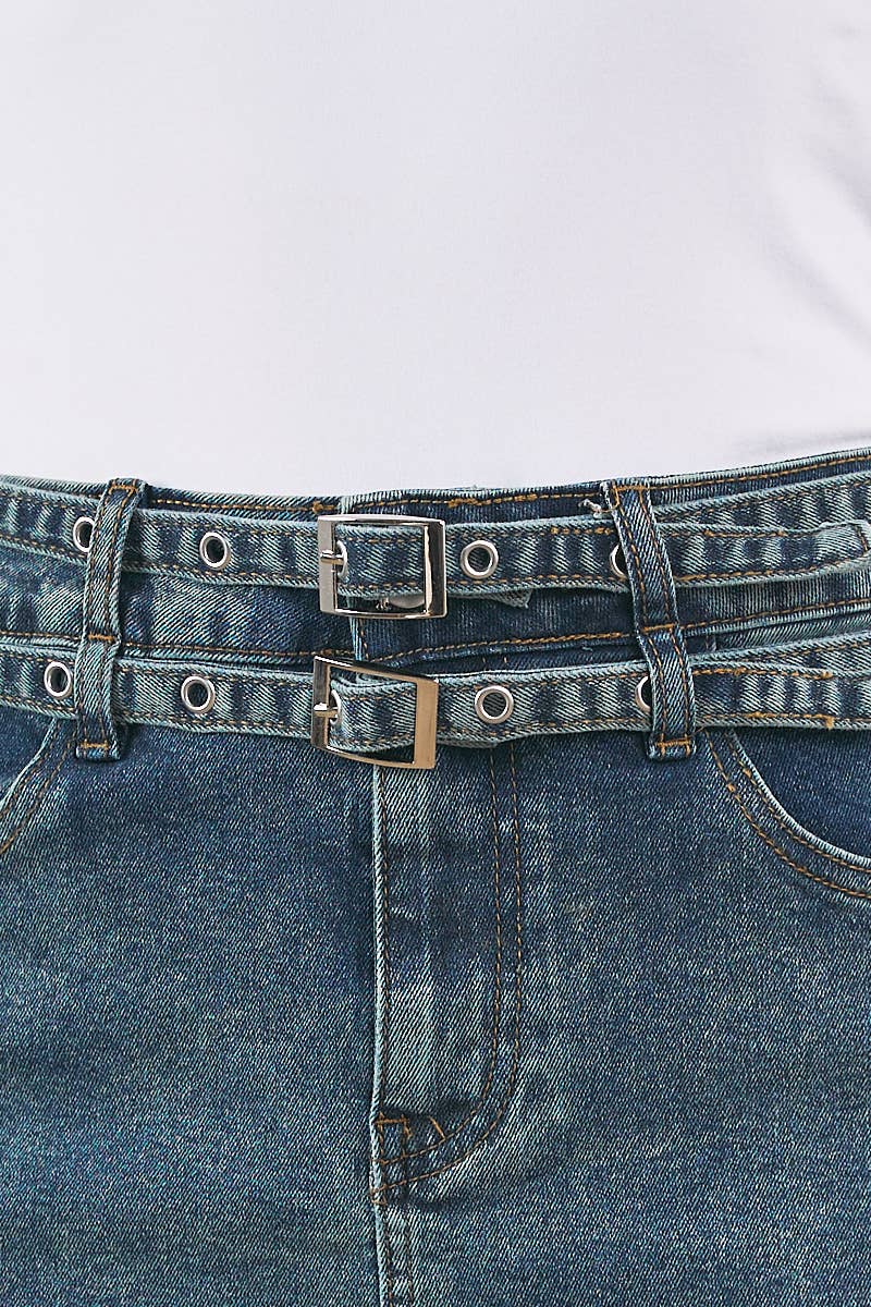6575-DOUBLE BELT DENIM SKIRT